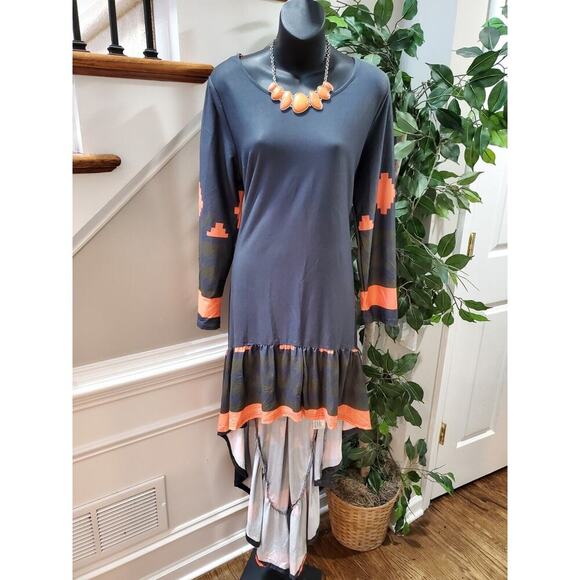 Reborn Women's Blue Rayon Round Neck Long Sleeve Hi Low Maxi Dress Size X-Large - Picture 1 of 10